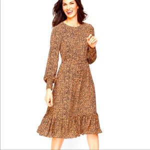 Talbots Soft Leopard Print Fit & Flare Long Sleeve Midi Dress Size 14
